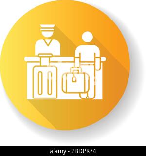 Airport check in yellow flat design long shadow glyph icon. Passenger waiting at registration desk. Tourist checking. Receptionist at counter at Stock Vector