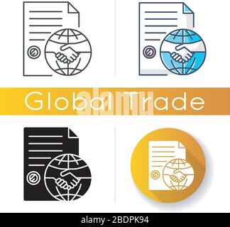 International trade agreement icon. Partnership, teamwork, cooperation. Business, commerce, contract signing, making deal. Linear black and RGB color Stock Vector