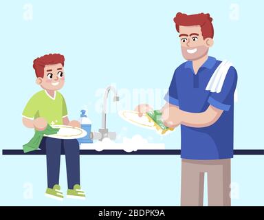 Father and son washing up together flat RGB color vector illustration. Male parent and child washing dishes, smiling family members near kitchen sink Stock Vector