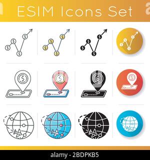 Country economics icons set. Gross domestic product and international trade. Tariffs, taxes, foreign trading regulation. Linear, black and RGB color Stock Vector