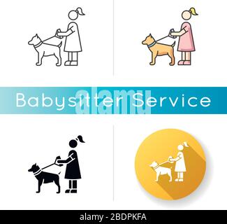Pet sitting icon. Woman with dog on leash. Pet owner. Obedient domestic animal. Trainer service. Girl walk outdoor. Linear black and RGB color styles Stock Vector