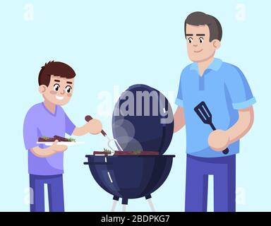 Father and son cooking barbecue together flat RGB color vector illustration. Male parent and child with cauldron, smiling family members and grill Stock Vector