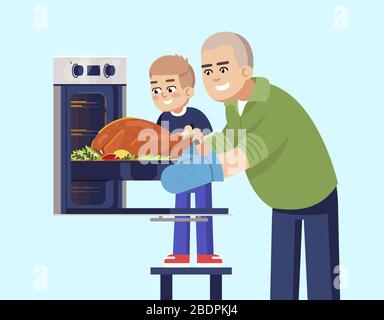 Father and son baking meat in oven flat RGB color vector illustration. Male parent and child cooking turkey, family members preparing dinner together Stock Vector