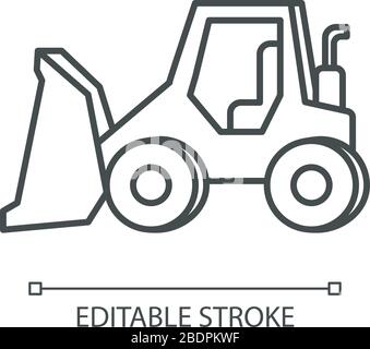 Bulldozer pixel perfect linear icon. Road works industrial truck. Dozer for ground loading. Thin line customizable illustration. Contour symbol Stock Vector