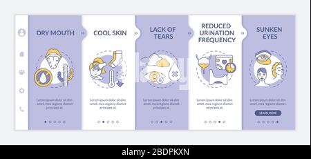 Rotavirus symptoms onboarding vector template. Dry mouth, cool skin viral infection signs. Responsive mobile website with icons. Webpage walkthrough Stock Vector