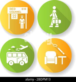 Airport terminal flat design long shadow glyph icons set. Boarding passage closed. Male passenger with bag. Smoking zone inside. Transportation for Stock Vector