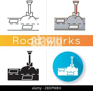 Patching works icon. Roadworks construction. Fill ground hole with shovel. Pothole in pavement. Surfacing and paving. Linear black and RGB color Stock Vector