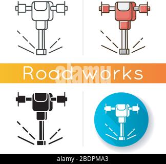 Road works perforator icon. Construction and demolition tool. Pneumatic instrument drilling in surface. Worker hardware. Linear black and RGB color Stock Vector