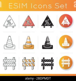 Road works icons set. Road works ahead sign. Man digging with shovel. Traffic cone. Reconstruction block. Barricade for work site. Linear, black and Stock Vector
