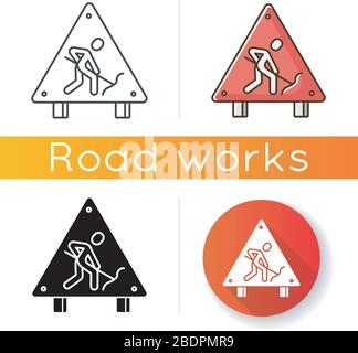 Roadsign icon. Road works ahead sign. Man digging with shovel. Attention plate for street block. Repair and construction. Linear black and RGB color Stock Vector