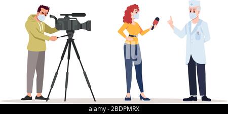 Interview with doctor semi flat RGB color vector illustration. Journalists and physician in surgical masks isolated cartoon characters on white Stock Vector