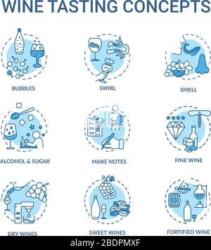 Wine tasting concept icons set. Drink quality evaluation, alcoholic beverage degustation, winetasting idea thin line RGB color illustrations. Vector Stock Vector