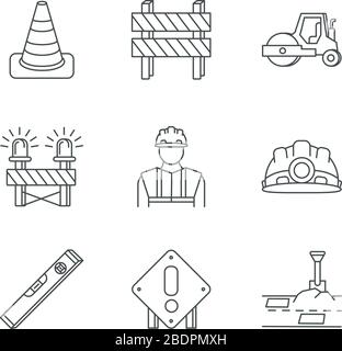 Road works pixel perfect linear icons set. Traffic cone. Road barrier. Roller truck. Siren on path block. Customizable thin line contour symbols Stock Vector