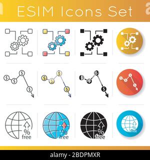 Global trade, outsorting and crysis icons set. Non-tariff barriers and manufacture. Business fail and currency inflation. Linear, black and RGB color Stock Vector