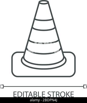 Traffic cone pixel perfect linear icon. Roadworks caution. Pedestrian sign for warning. Thin line customizable illustration. Contour symbol. Vector Stock Vector