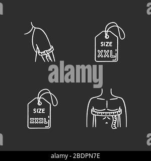 Male size labels and measurements chalk white icons set on black background. Extra large size tags, man chest and upper arm circumference. Bespoke Stock Vector