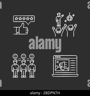 Social media marketing chalk white icons set on black background. Review rating. Fan meeting. Loyal audience. Advertisement insert. Social media Stock Vector