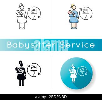 Full time babysitter icon. 24 7 looking after newborn kid. Babysitting services during full day. Around clock help with kid. Linear black and RGB Stock Vector