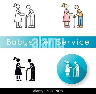 Senior care icon. Elder person with cane. Social worker help old man. Assistance for disabled people. Physical rehab. Linear black and RGB color Stock Vector