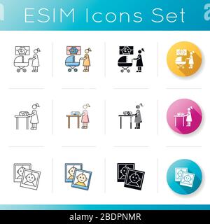 Babysitting services icons set. Mom look for sleeping kid. Instant photos of child. Mother changing diaper for baby. Newborn kid care. Linear, black Stock Vector