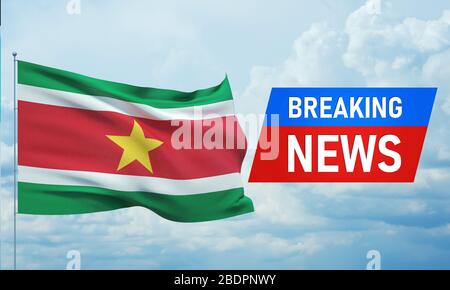 Breaking news. World news with backgorund waving national flag of Suriname. 3D illustration. Stock Photo