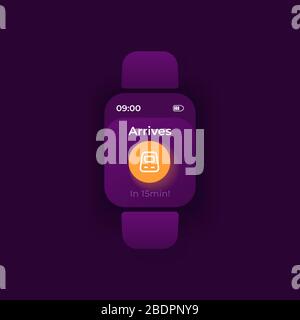Trip notice smartwatch interface vector template. Railway transportation mobile app notification night mode design. Train arrival reminder message Stock Vector