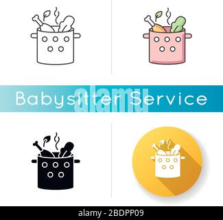 Cooking food icon. Boiling chicken soup. Dish recipe. Prepare diner. Homemade broth with meat and vegetable. Hot pot. Linear black and RGB color Stock Vector