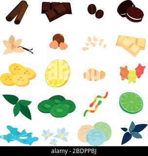Set of sweets and fruits. Chocolate and cookies. Marmalade and fruit. Additives to tea, coffee and desserts. Stock Vector