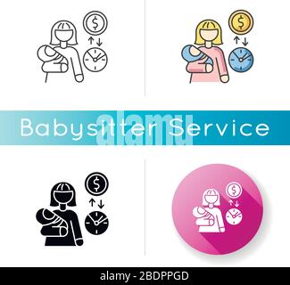 Babysitter pay rate icon. Income from babysitting services. Earn money for child care. Woman with infant baby on part time job. Linear black and RGB Stock Vector