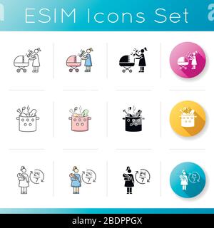 Babysitting services icons set. Woman with rattle toy. Mother with baby stroller. Cook dinner. 24 7 hour babysitter help. Linear, black and RGB color Stock Vector