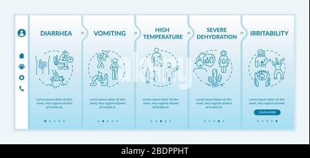 Rotavirus symptoms onboarding vector template. Diarrhea, vomiting, dehydration viral infection sign. Responsive mobile website with icons. Webpage Stock Vector