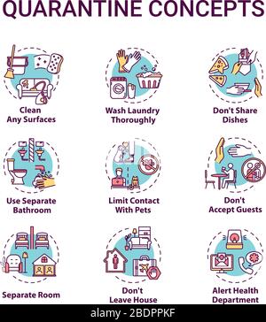 Quarantine concept icons set. Clean surfaces. Limit contact with pets. Do not accept guests. Self-isolation idea thin line RGB color illustrations Stock Vector