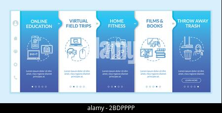 Home activity onboarding vector template. Entertainments, fitness, virtual trips and online education. Responsive mobile website with icons. Webpage Stock Vector