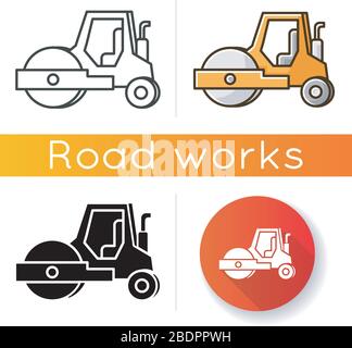 Road roller icon. Compactor type vehicle for construction works. Roadworks transportation. Heavy machinery for paving. Linear black and RGB color Stock Vector