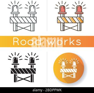 Roadblock with siren icon. Construction works ahead warning. Caution barrier for attention on road. Restricted area block. Linear black and RGB color Stock Vector