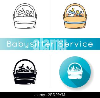 Babysitter set icon. Baby pacifier. Bottle for feeding infant child. Bag with items for child care. Child care kit. Linear black and RGB color styles Stock Vector