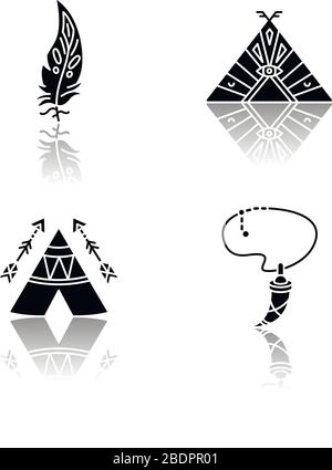 Native american indian accessories drop shadow black glyph icons set. Necklace with tooth, eagle feather. Wigwam with arrows and ethnic ornaments Stock Vector