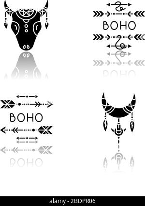 Ethnic accessories in boho style drop shadow black glyph icons set. Arrows with feathers charms. Bull head native american tribal symbol. Isolated Stock Vector