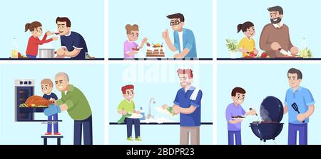 People cooking together, fathers and children preparing food flat vector illustrations set. Smiling daddies and kids, family members with kitchen Stock Vector