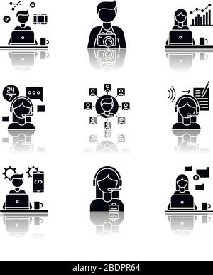 Remote jobs drop shadow black glyph icons set. Technical and admin support, SEO and marketing. Photography and video editing, data entry jobs Stock Vector