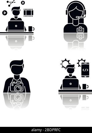 Remote workers drop shadow black glyph icons set. Video editor and photographer, mobile app developer. Administrator support and programming. Isolated Stock Vector