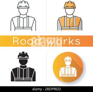Worker in uniform icon. Construction builder in hardhat. Safety helmet on male repairman. Professional foreman and engineer. Linear black and RGB Stock Vector