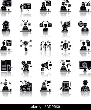 Freelance professions drop shadow black glyph icons set. Web development and graphic designing, tutoring and copywriting. HR management, data entry Stock Vector
