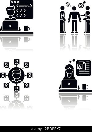 Distant works drop shadow black glyph icons set. Web developer, public relations officer, blogger and SEO specialist. Branding and programming Stock Vector