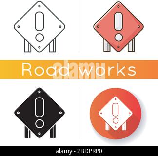Square attention road sign icon. Roadworks construction warning. Road control notice. Exclamation sign for highway. Linear black and RGB color styles Stock Vector