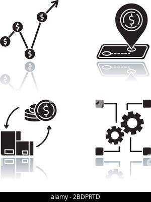 Country economics drop shadow black glyph icons set. Gross domestic product, outsorting and industry development. Tariffs and payments balance Stock Vector