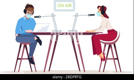 Radio podcast in coronavirus pandemic semi flat RGB color vector illustration. Talk show host and guest in surgical masks isolated cartoon characters Stock Vector