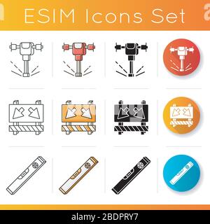 Road works icons set. Construction and demolition tool. Roadsign to change route. Waterpass tool. Roadblock on street with arrows. Linear, black and Stock Vector