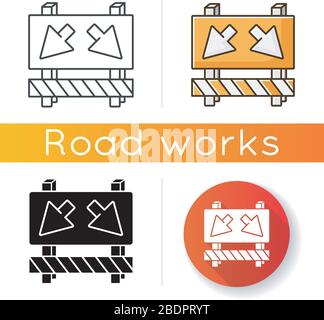 Detour icon. Road works ahead sign. Roadsign to change route. Roadblock on street with arrows. Take roundabout on highway. Linear black and RGB color Stock Vector
