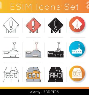 Road works icons set. Attention roadsign. Patching works. Pothole in pavement. Pipe replacement. Civil engineering trench. Linear, black and RGB color Stock Vector